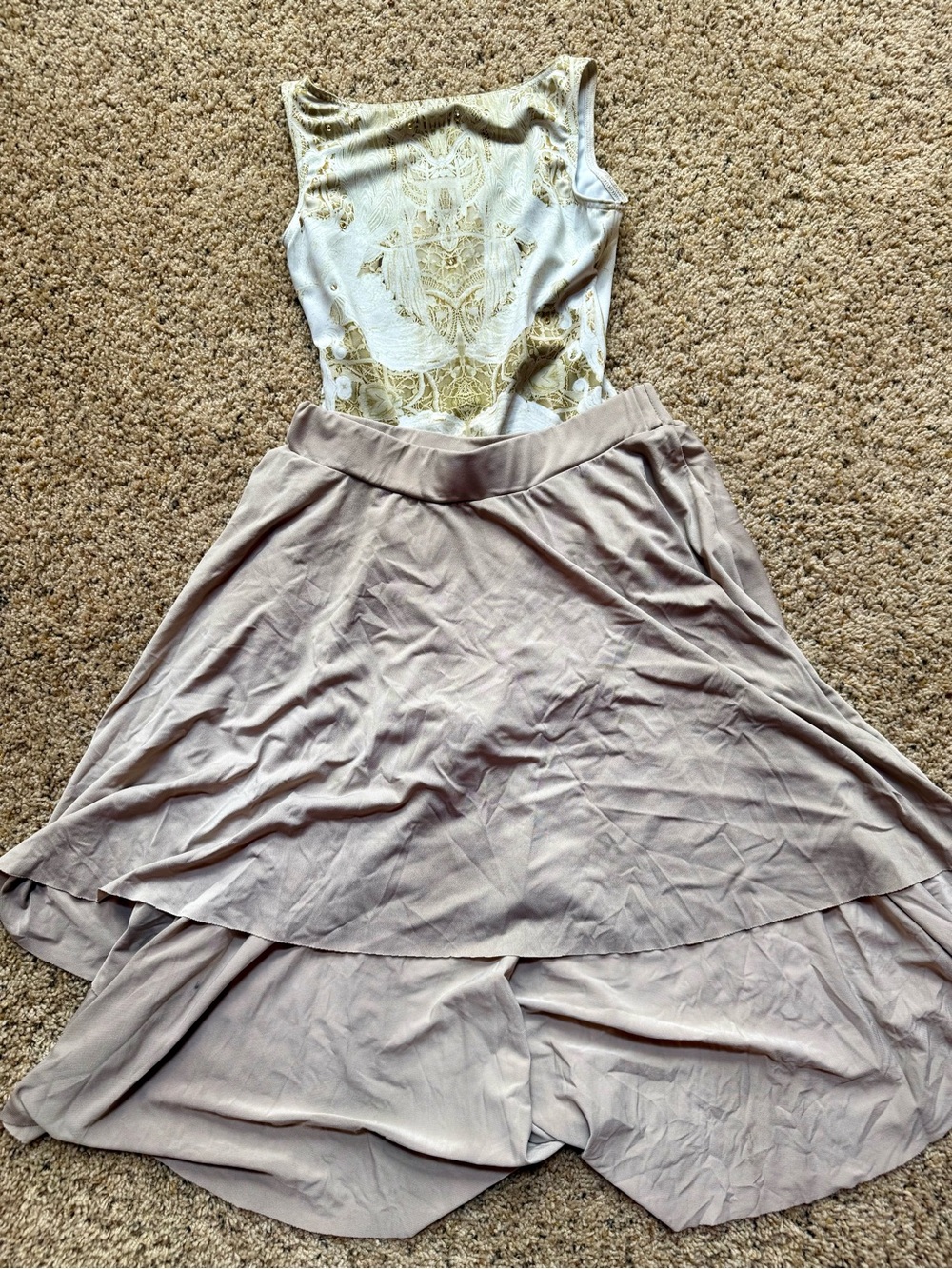 Balera LC Lyrical Dance Costume Ivory Gold Lace Leotard Taupe Skirt Contemp